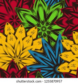 Seamless floral background. Tracery handmade nature ethnic fabric backdrop pattern with flowers. Textile design texture. Decorative color art. Vector