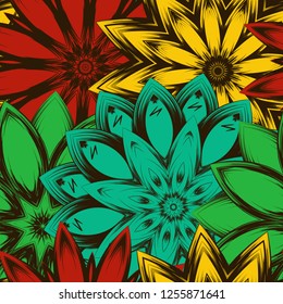 Seamless floral background. Tracery handmade nature ethnic fabric backdrop pattern with flowers. Textile design texture. Decorative color art. Vector