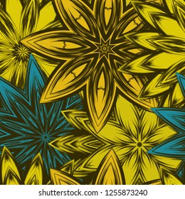 Seamless floral background. Tracery handmade nature ethnic fabric backdrop pattern with flowers. Textile design texture. Decorative color art. Vector