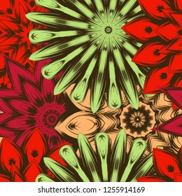 Seamless floral background. Tracery handmade nature ethnic fabric backdrop pattern with flowers. Textile design texture. Decorative color art. Vector