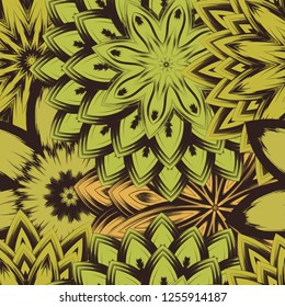 Seamless floral background. Tracery handmade nature ethnic fabric backdrop pattern with flowers. Textile design texture. Decorative color art. Vector