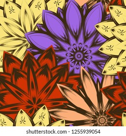 Seamless floral background. Tracery handmade nature ethnic fabric backdrop pattern with flowers. Textile design texture. Decorative color art. Vector