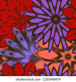 Seamless floral background. Tracery handmade nature ethnic fabric backdrop pattern with flowers. Textile design texture. Decorative color art. Vector