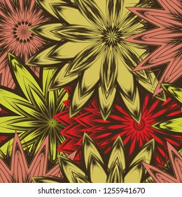Seamless floral background. Tracery handmade nature ethnic fabric backdrop pattern with flowers. Textile design texture. Decorative color art. Vector