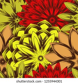 Seamless floral background. Tracery handmade nature ethnic fabric backdrop pattern with flowers. Textile design texture. Decorative color art. Vector