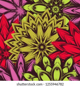 Seamless floral background. Tracery handmade nature ethnic fabric backdrop pattern with flowers. Textile design texture. Decorative color art. Vector