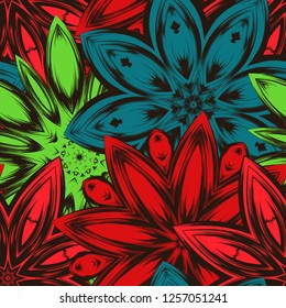 Seamless floral background. Tracery handmade nature ethnic fabric backdrop pattern with flowers. Textile design texture. Decorative color art. Vector