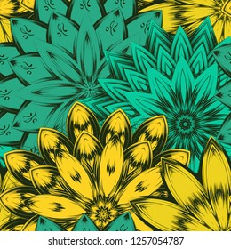 Seamless floral background. Tracery handmade nature ethnic fabric backdrop pattern with flowers. Textile design texture. Decorative color art. Vector
