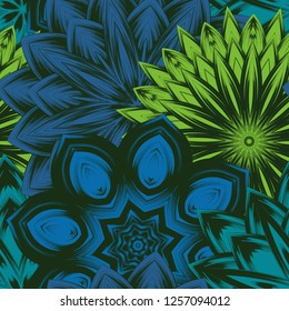 Seamless floral background. Tracery handmade nature ethnic fabric backdrop pattern with flowers. Textile design texture. Decorative color art. Vector