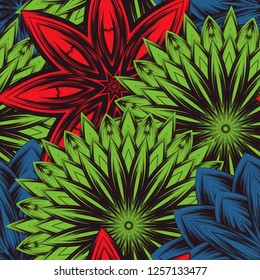 Seamless floral background. Tracery handmade nature ethnic fabric backdrop pattern with flowers. Textile design texture. Decorative color art. Vector