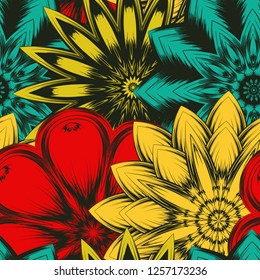 Seamless floral background. Tracery handmade nature ethnic fabric backdrop pattern with flowers. Textile design texture. Decorative color art. Vector