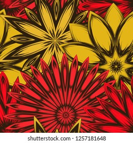 Seamless floral background. Tracery handmade nature ethnic fabric backdrop pattern with flowers. Textile design texture. Decorative color art. Vector