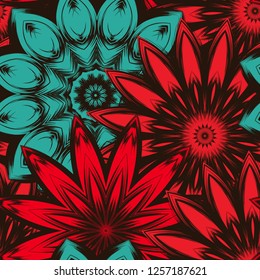 Seamless floral background. Tracery handmade nature ethnic fabric backdrop pattern with flowers. Textile design texture. Decorative color art. Vector