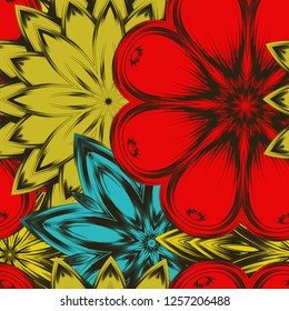 Seamless floral background. Tracery handmade nature ethnic fabric backdrop pattern with flowers. Textile design texture. Decorative color art. Vector