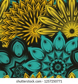 Seamless floral background. Tracery handmade nature ethnic fabric backdrop pattern with flowers. Textile design texture. Decorative color art. Vector