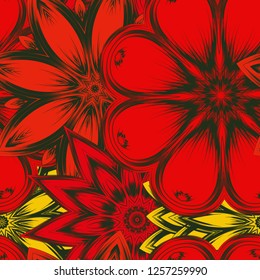 Seamless floral background. Tracery handmade nature ethnic fabric backdrop pattern with flowers. Textile design texture. Decorative color art. Vector
