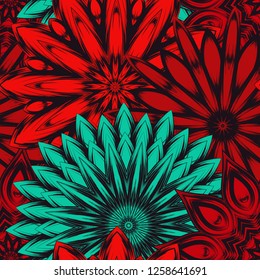 Seamless floral background. Tracery handmade nature ethnic fabric backdrop pattern with flowers. Textile design texture. Decorative color art. Vector