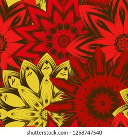 Seamless floral background. Tracery handmade nature ethnic fabric backdrop pattern with flowers. Textile design texture. Decorative color art. Vector