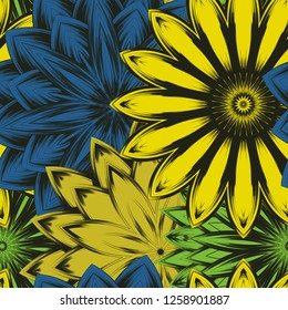 Seamless floral background. Tracery handmade nature ethnic fabric backdrop pattern with flowers. Textile design texture. Decorative color art. Vector