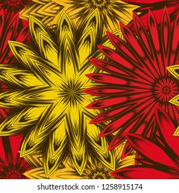 Seamless floral background. Tracery handmade nature ethnic fabric backdrop pattern with flowers. Textile design texture. Decorative color art. Vector