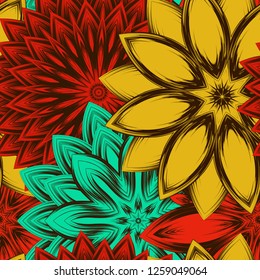 Seamless floral background. Tracery handmade nature ethnic fabric backdrop pattern with flowers. Textile design texture. Decorative color art. Vector