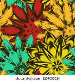 Seamless floral background. Tracery handmade nature ethnic fabric backdrop pattern with flowers. Textile design texture. Decorative color art. Vector