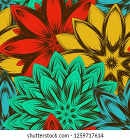Seamless floral background. Tracery handmade nature ethnic fabric backdrop pattern with flowers. Textile design texture. Decorative color art. Vector