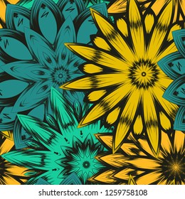 Seamless floral background. Tracery handmade nature ethnic fabric backdrop pattern with flowers. Textile design texture. Decorative color art. Vector