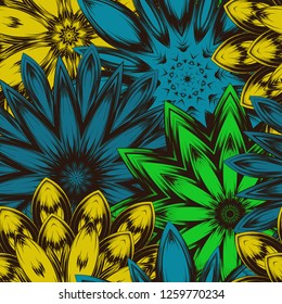 Seamless floral background. Tracery handmade nature ethnic fabric backdrop pattern with flowers. Textile design texture. Decorative color art. Vector