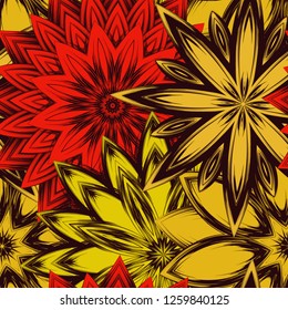 Seamless floral background. Tracery handmade nature ethnic fabric backdrop pattern with flowers. Textile design texture. Decorative color art. Vector