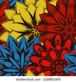 Seamless floral background. Tracery handmade nature ethnic fabric backdrop pattern with flowers. Textile design texture. Decorative color art. Vector