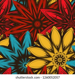 Seamless floral background. Tracery handmade nature ethnic fabric backdrop pattern with flowers. Textile design texture. Decorative color art. Vector