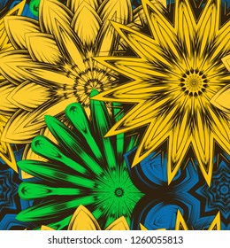 Seamless floral background. Tracery handmade nature ethnic fabric backdrop pattern with flowers. Textile design texture. Decorative color art. Vector