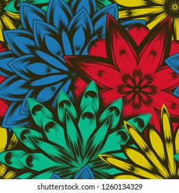 Seamless floral background. Tracery handmade nature ethnic fabric backdrop pattern with flowers. Textile design texture. Decorative color art. Vector