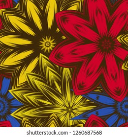 Seamless floral background. Tracery handmade nature ethnic fabric backdrop pattern with flowers. Textile design texture. Decorative color art. Vector