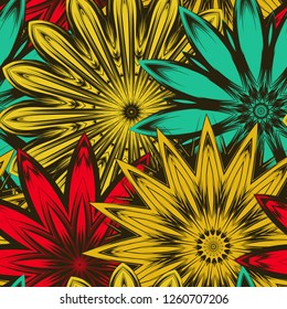Seamless floral background. Tracery handmade nature ethnic fabric backdrop pattern with flowers. Textile design texture. Decorative color art. Vector