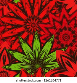 Seamless floral background. Tracery handmade nature ethnic fabric backdrop pattern with flowers. Textile design texture. Decorative color art. Vector