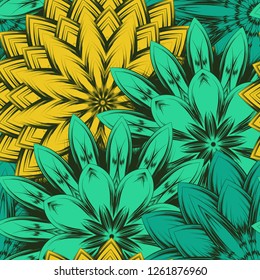 Seamless floral background. Tracery handmade nature ethnic fabric backdrop pattern with flowers. Textile design texture. Decorative color art. Vector