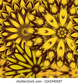 Seamless floral background. Tracery handmade nature ethnic fabric backdrop pattern with flowers. Textile design texture. Decorative color art. Vector