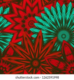 Seamless floral background. Tracery handmade nature ethnic fabric backdrop pattern with flowers. Textile design texture. Decorative color art. Vector
