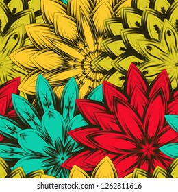Seamless floral background. Tracery handmade nature ethnic fabric backdrop pattern with flowers. Textile design texture. Decorative color art. Vector