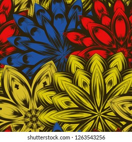 Seamless floral background. Tracery handmade nature ethnic fabric backdrop pattern with flowers. Textile design texture. Decorative color art. Vector