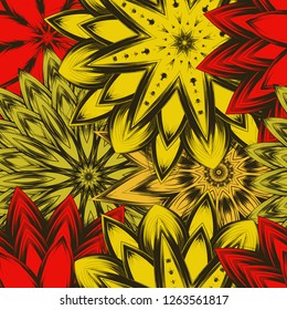 Seamless floral background. Tracery handmade nature ethnic fabric backdrop pattern with flowers. Textile design texture. Decorative color art. Vector