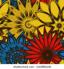 Seamless floral background. Tracery handmade nature ethnic fabric backdrop pattern with flowers. Textile design texture. Decorative color art. Vector