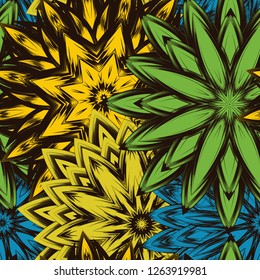 Seamless floral background. Tracery handmade nature ethnic fabric backdrop pattern with flowers. Textile design texture. Decorative color art. Vector