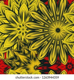Seamless floral background. Tracery handmade nature ethnic fabric backdrop pattern with flowers. Textile design texture. Decorative color art. Vector