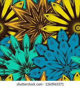 Seamless floral background. Tracery handmade nature ethnic fabric backdrop pattern with flowers. Textile design texture. Decorative color art. Vector