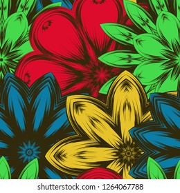 Seamless floral background. Tracery handmade nature ethnic fabric backdrop pattern with flowers. Textile design texture. Decorative color art. Vector
