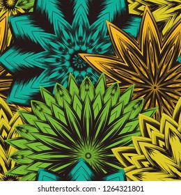 Seamless floral background. Tracery handmade nature ethnic fabric backdrop pattern with flowers. Textile design texture. Decorative color art. Vector