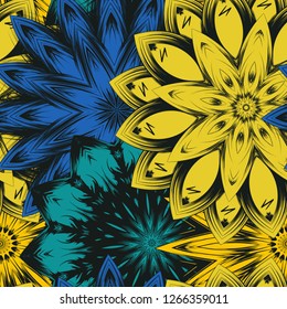 Seamless floral background. Tracery handmade nature ethnic fabric backdrop pattern with flowers. Textile design texture. Decorative color art. Vector